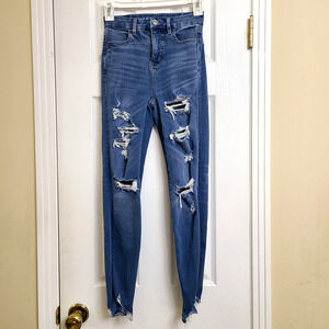 American Eagle Dream Jean Curvy Super Hi Rise Jeggings Blue Distressed Size 000